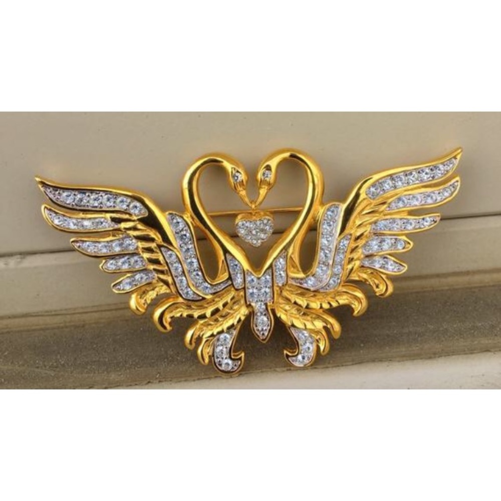 Nolan Miller Kissing Swans GoldTone Rhinestone Pin